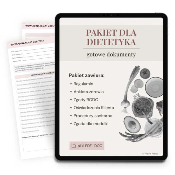 Grafika promocyjna produktu 'Pakiet prawny dla dietetyka'. Na ekranie tabletu widoczna jest lista dokumentów: regulamin, ankieta zdrowia i zgody RODO.